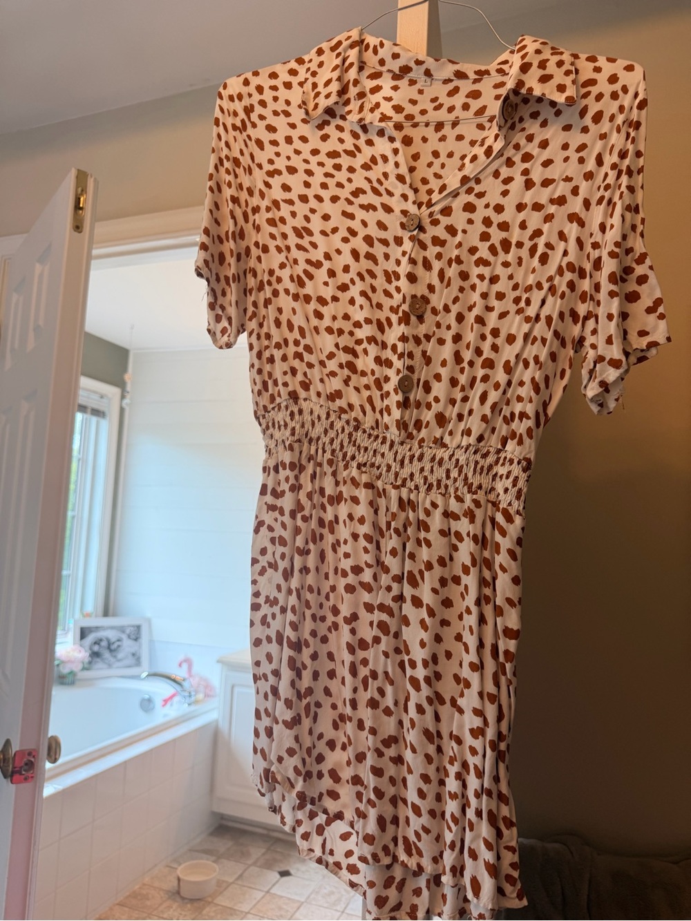 Cream Short Sleeve Button Romper with Brown Spot Print